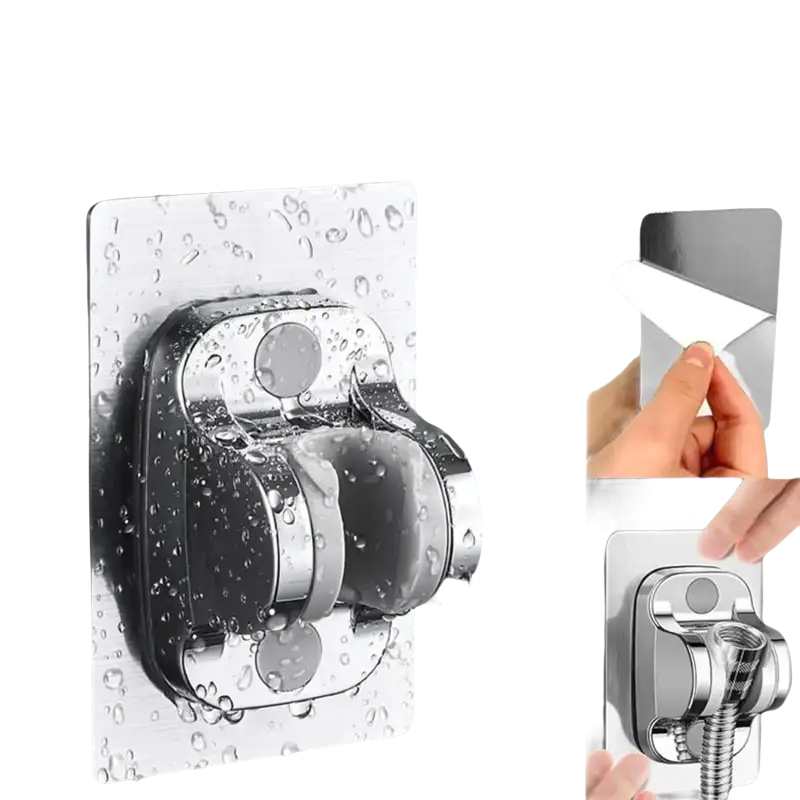 Chrome shower head holder with adhesive backing.