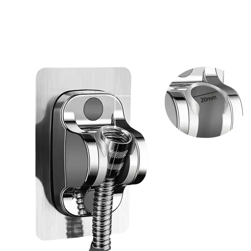 Chrome shower head holder with adhesive mount.