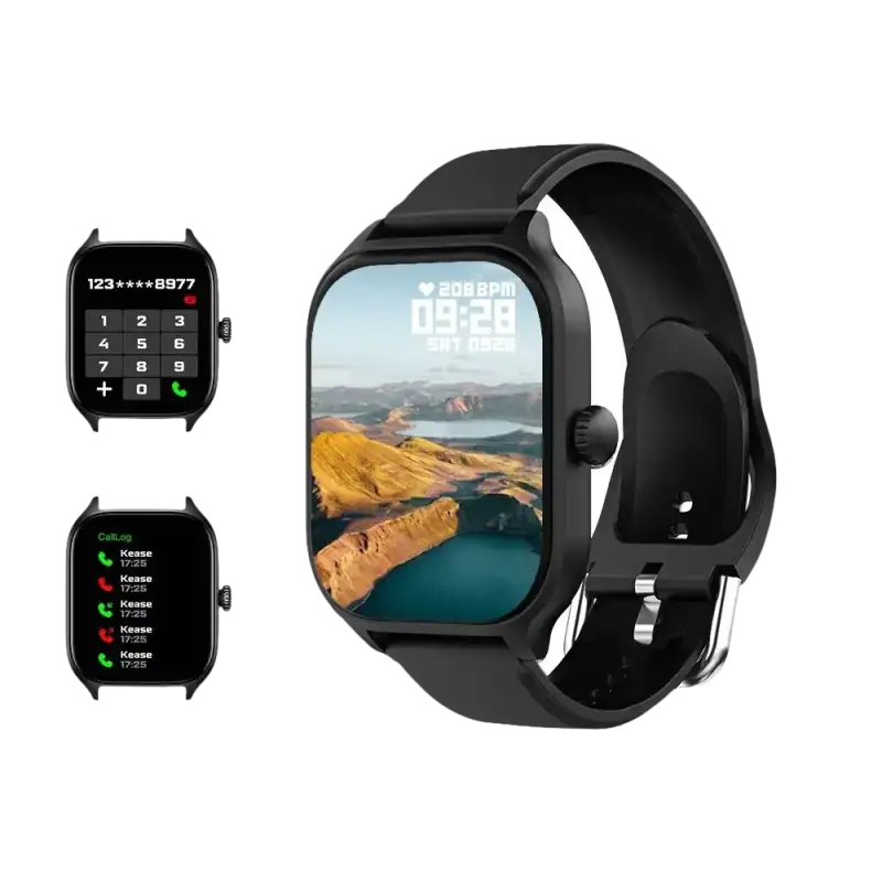 Black smartwatch with interchangeable screens.