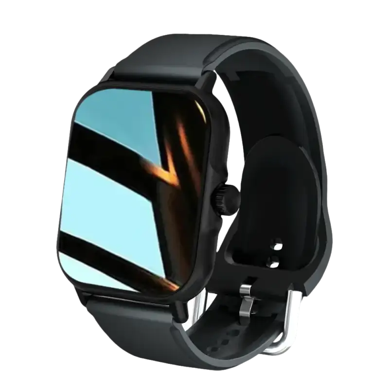 Black smartwatch with reflective screen.