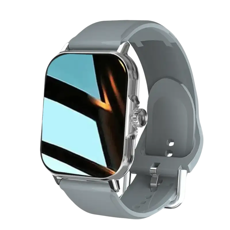 Gray smartwatch with reflective screen.