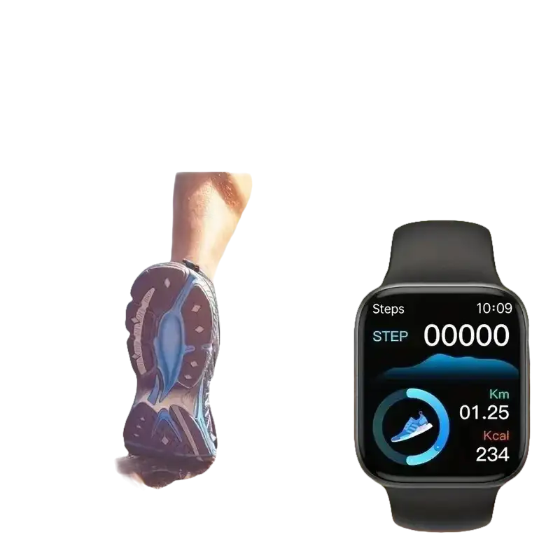 Black smartwatch displaying fitness data.