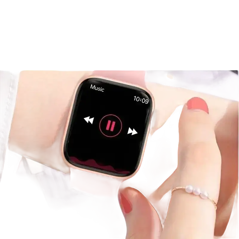 Pink smartwatch displaying music controls.