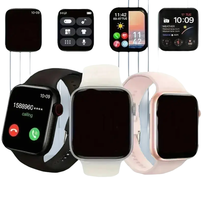 Smartwatches with different colored bands and screen displays.