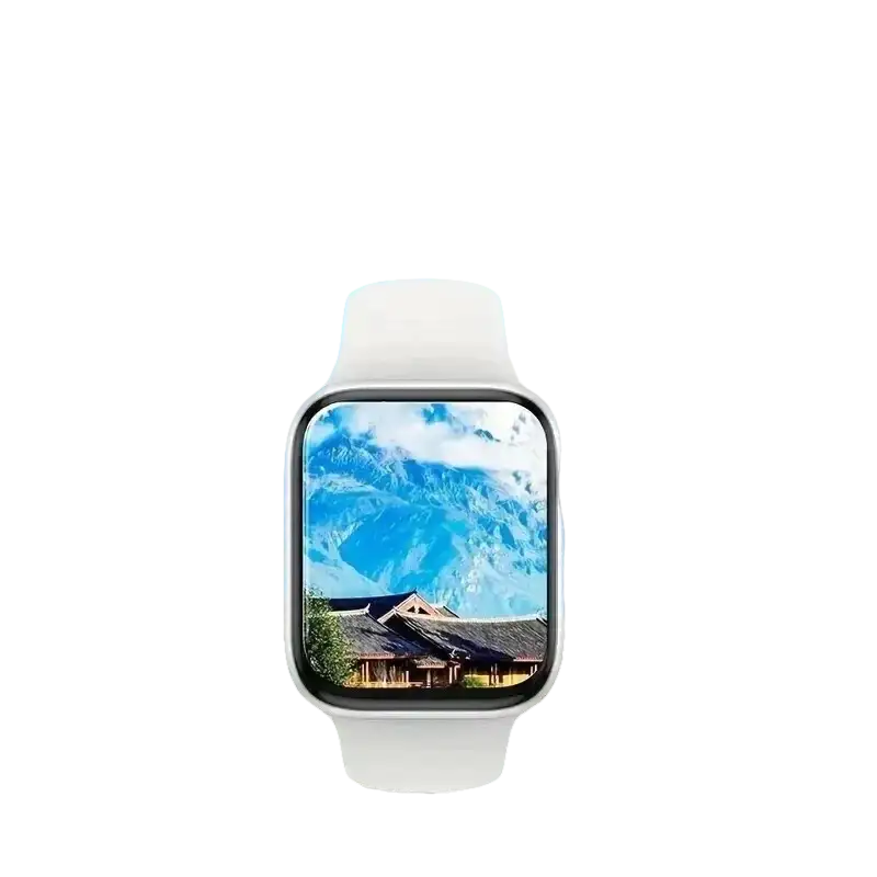 White smartwatch displaying a mountain landscape.