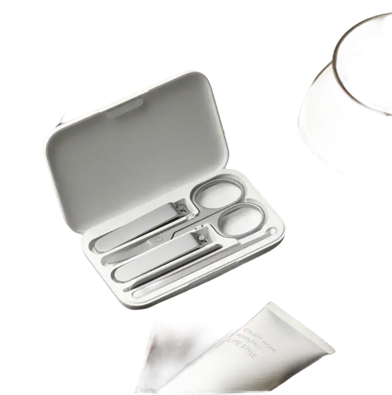 Open manicure set in a white case.
