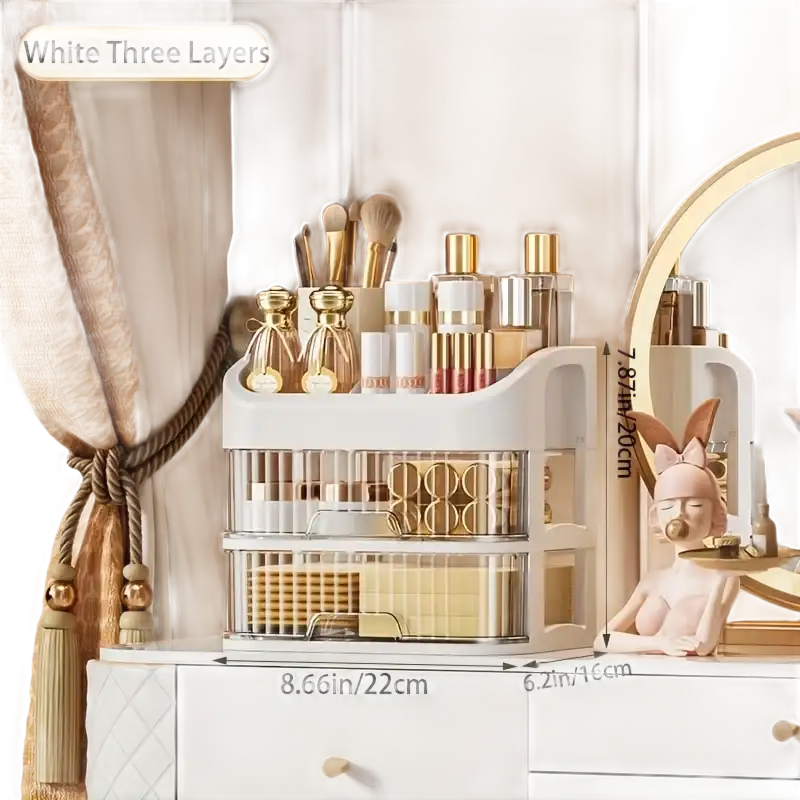 White three-layer makeup organizer.