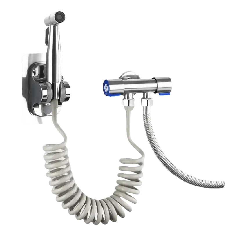 Chrome bidet sprayer with coiled hose.