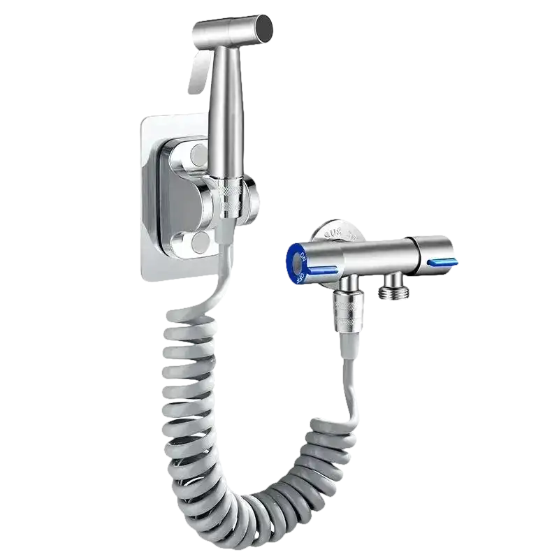 Silver bidet sprayer with coiled hose.