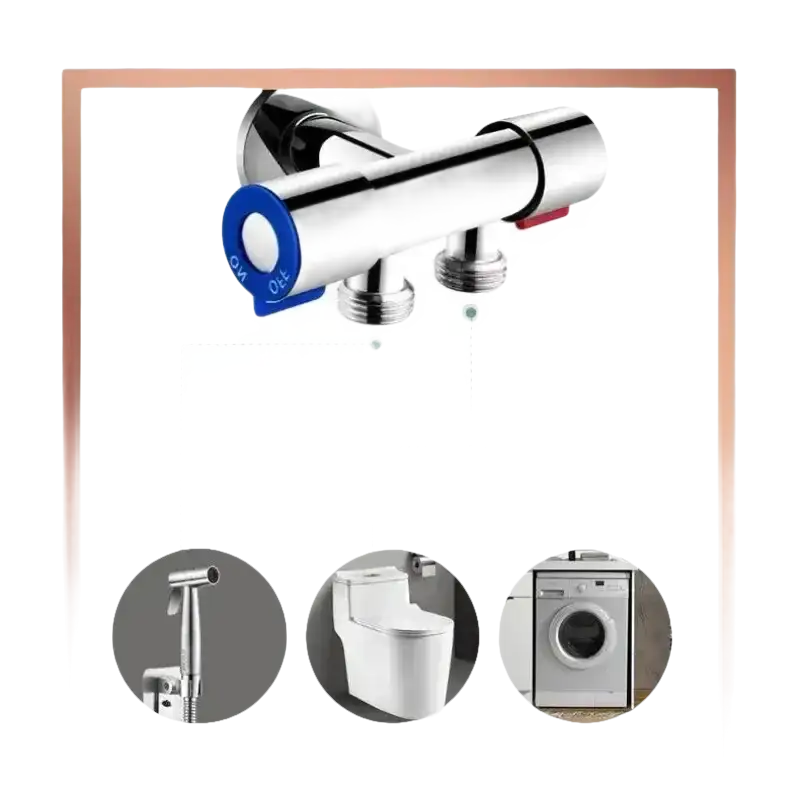 Chrome-plated dual-outlet water valve.