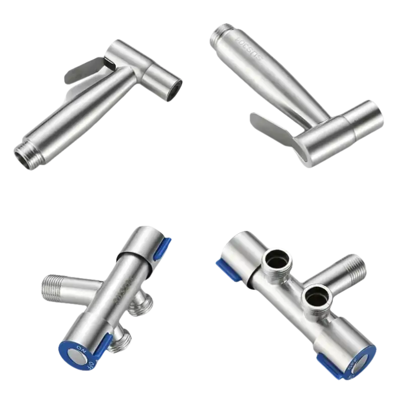 Four views of a brushed metal bidet sprayer and valve.