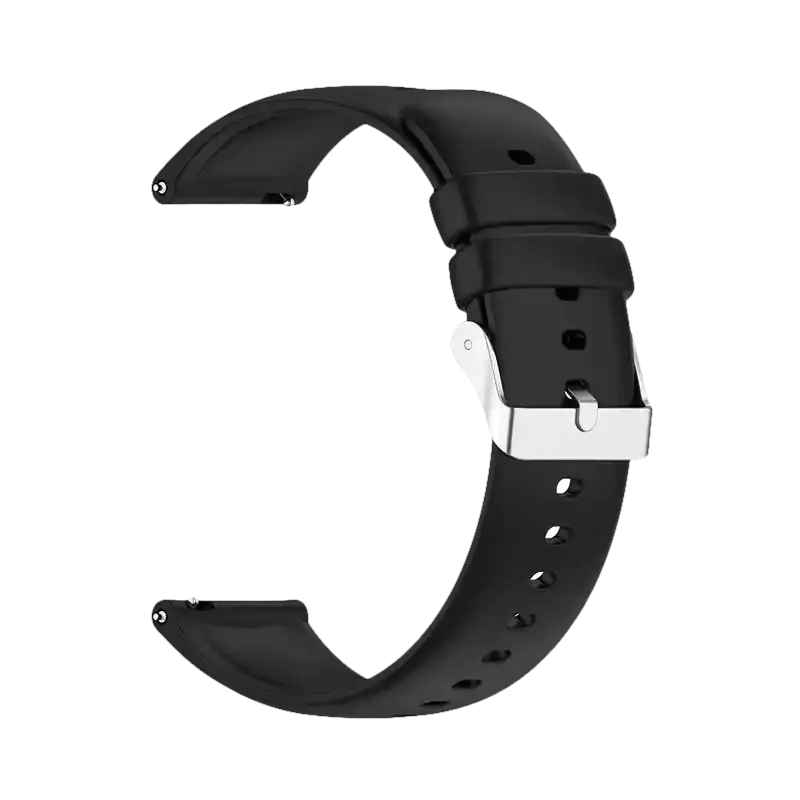 Black silicone watch band with silver buckle.