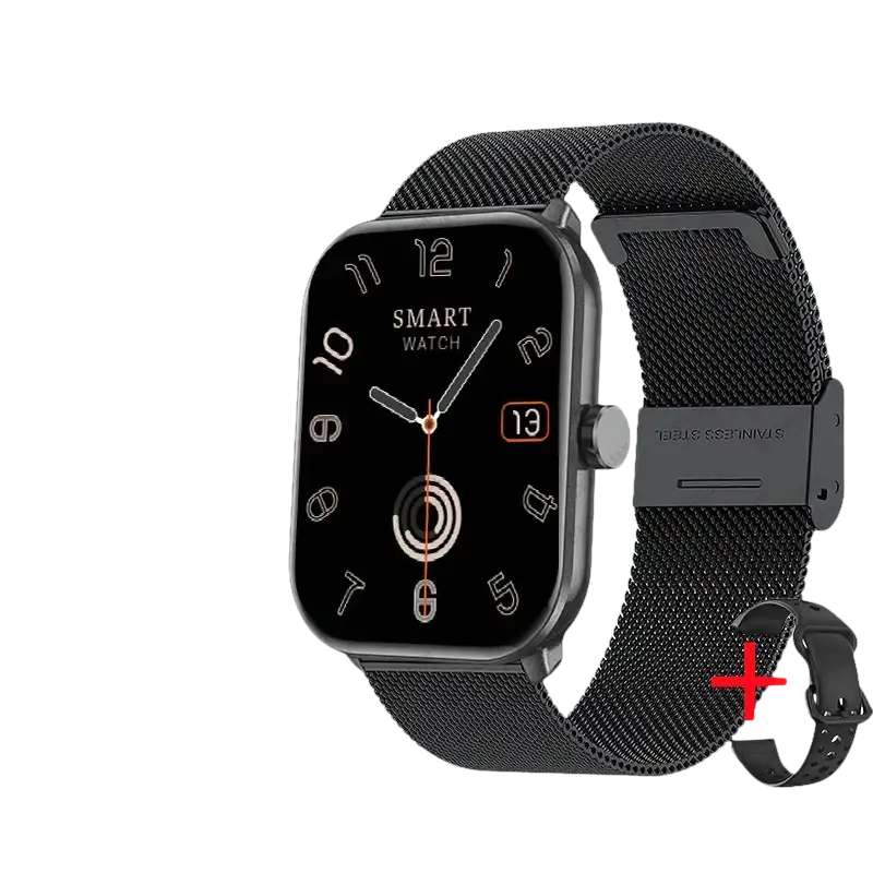 Black smartwatch with a stainless steel mesh band.