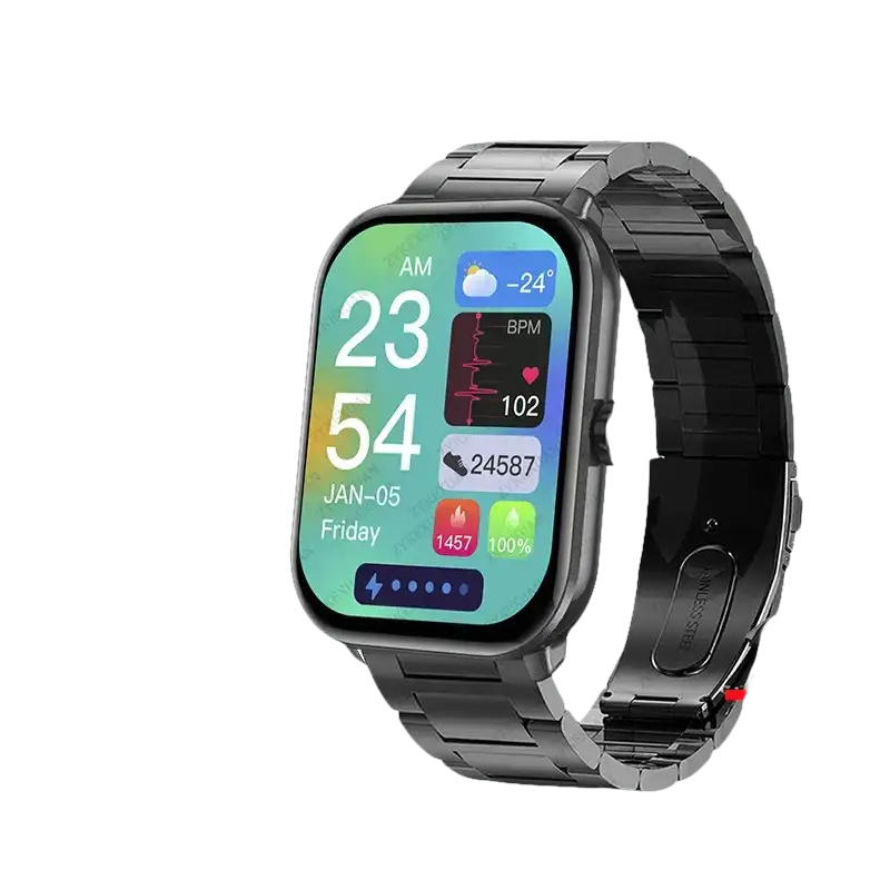 Black smartwatch with metal band.
