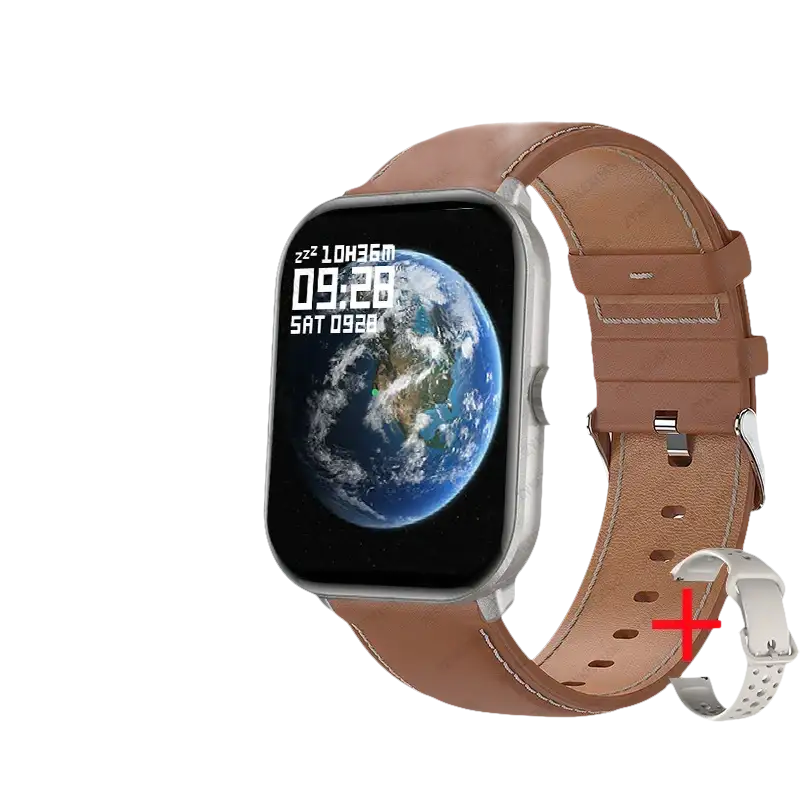 Xiaomi Watch 5 smartwatch with brown leather strap.