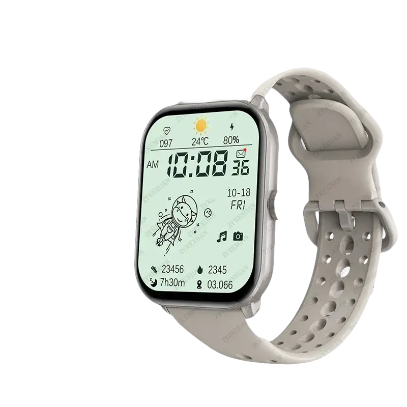 Smartwatch with a light-colored band.