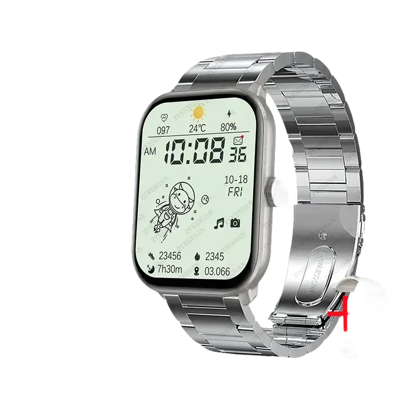 Silver smartwatch with metal band.
