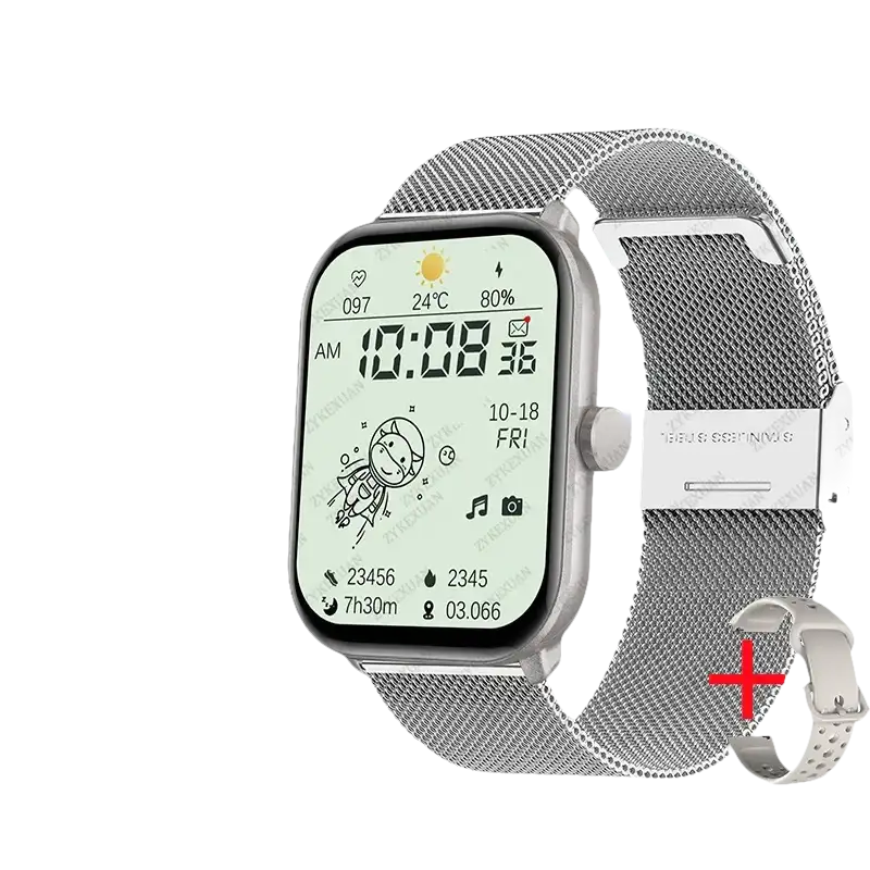 Silver smartwatch with mesh band.
