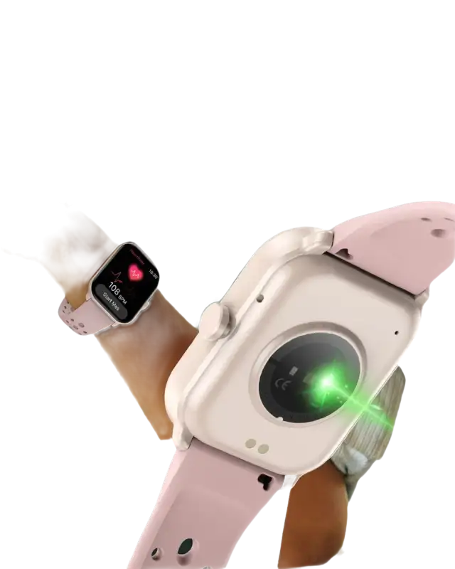 Pink smartwatch with health tracking features.