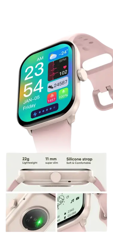 Pink smartwatch with a digital display.