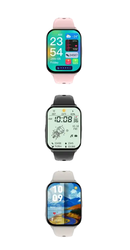 Three smartwatches with different colored bands.