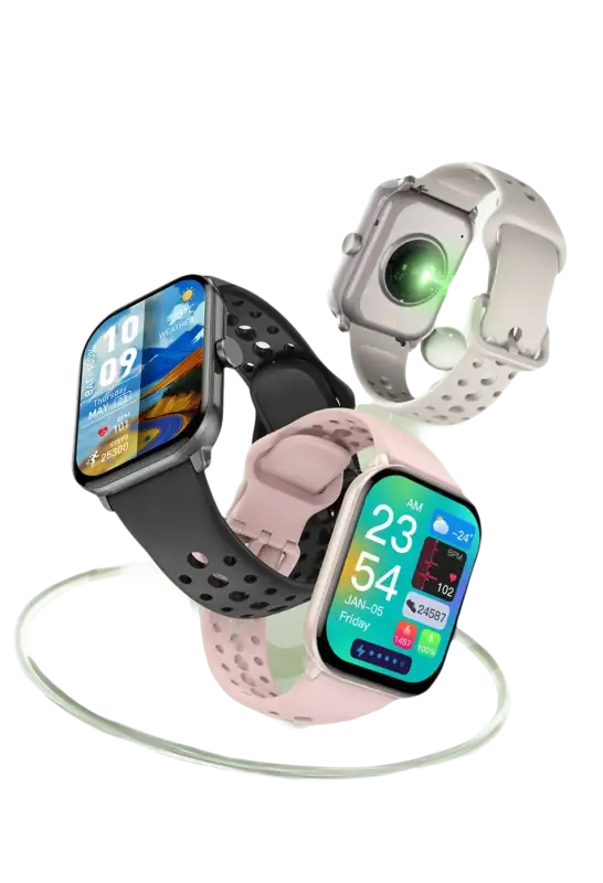 Three smartwatches with different colored bands.