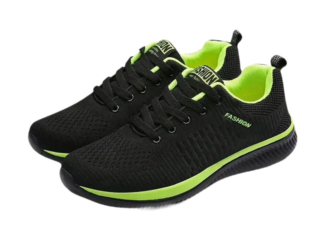 Black and green running shoes.