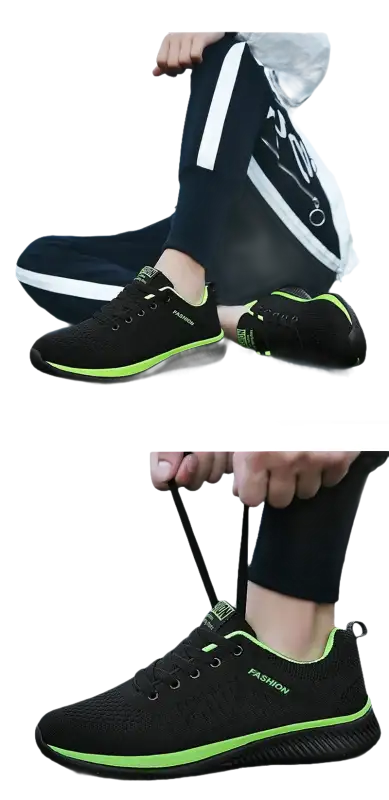 Black and green running shoes.