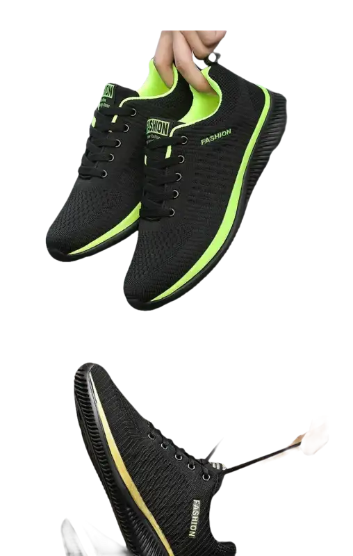 Black and neon green athletic shoes.