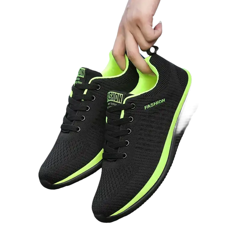 Black and neon green running shoes.