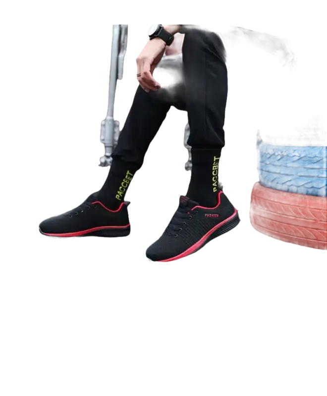 Black and red athletic shoes.