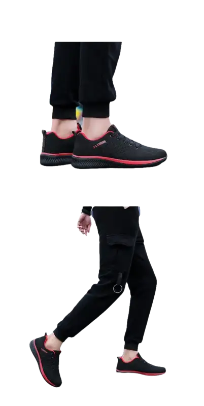 Black and red athletic shoes.