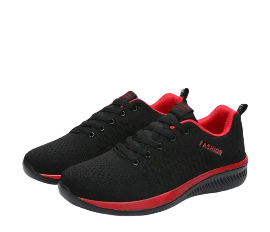Black and red running shoes.