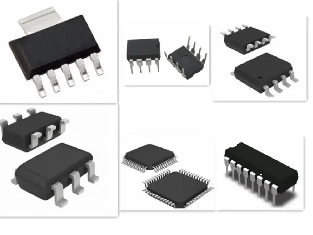 Assorted integrated circuit chips.