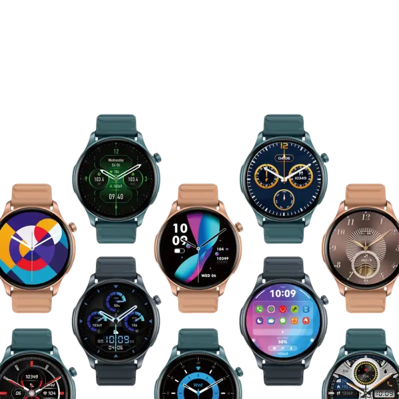 Collection of smartwatches with various display faces.