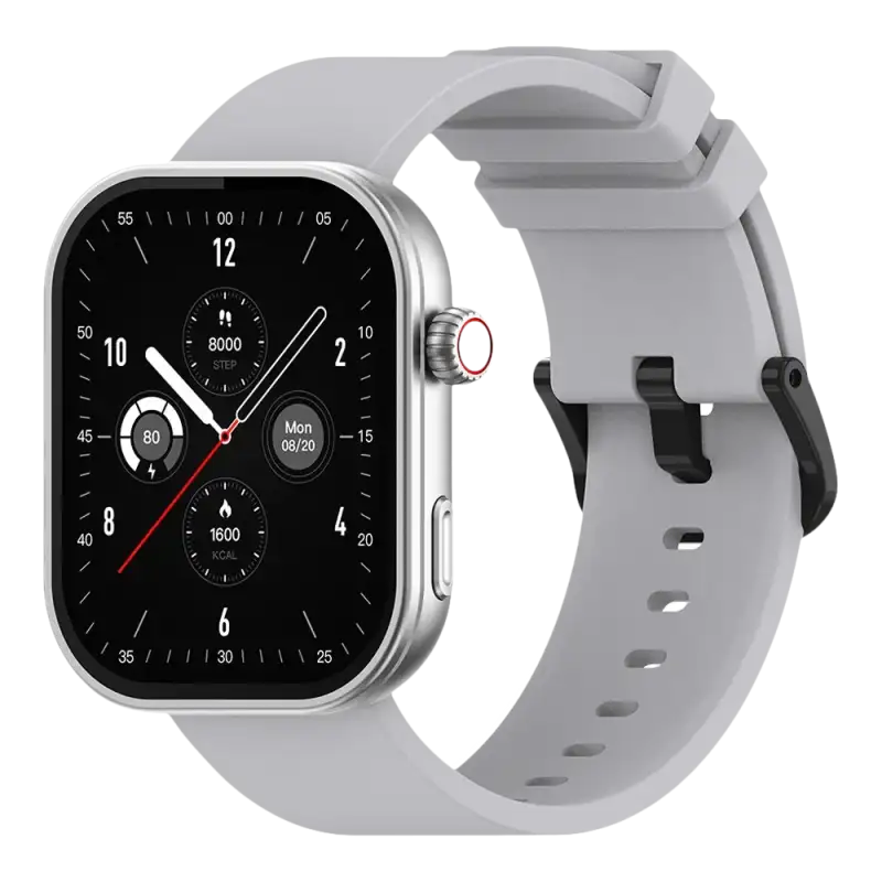 Silver smartwatch with gray band.