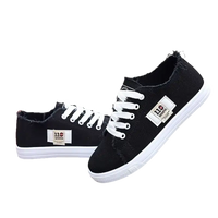 Black canvas sneakers with white laces.