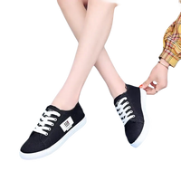 Black canvas sneakers with white laces.
