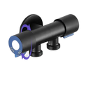 Black metal dual outlet valve.