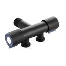 Black metal T-valve with threaded ends.