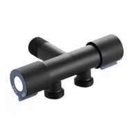 Black metal T-valve with threaded ends.