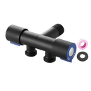 Black metal water valve with accessories.