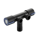 Black T-shaped water valve with threaded ports.