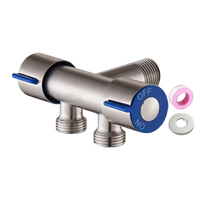 Brushed metal dual shut-off valve with blue handles.