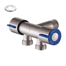 Silver-colored metal faucet with blue handles and labeled settings.
