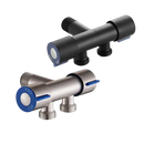 Two metal water valves.