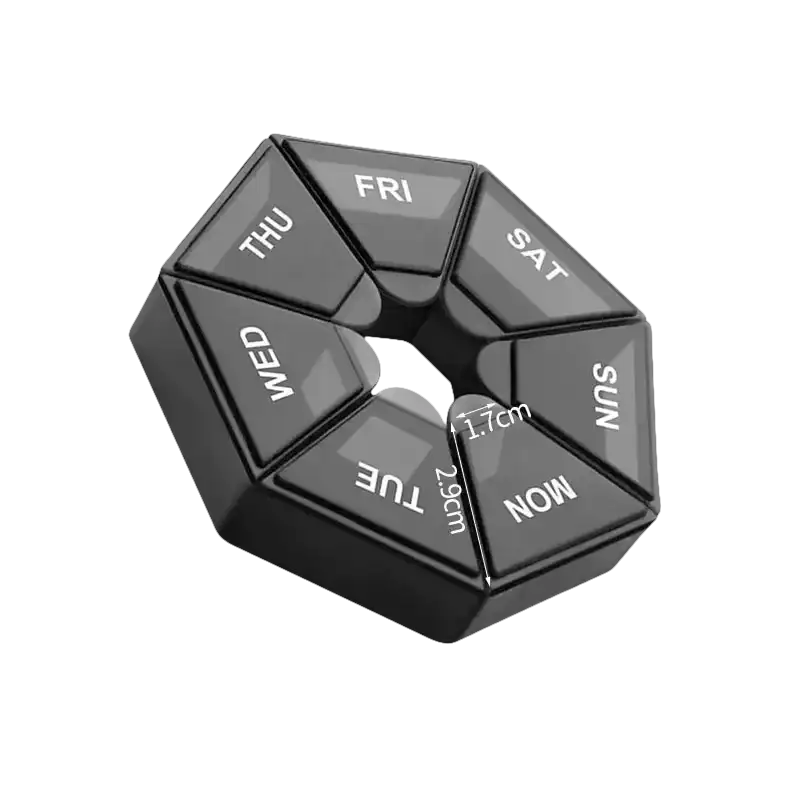 Black pill organizer with days of the week.