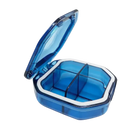 Blue plastic pill organizer with dimensions.