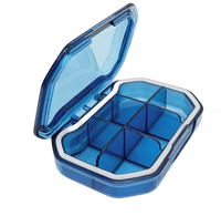 Blue plastic pill organizer with dimensions.