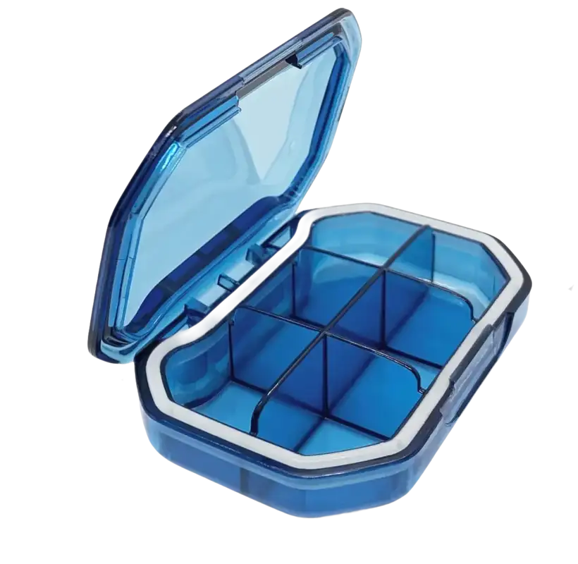 Blue plastic pill organizer with dimensions.